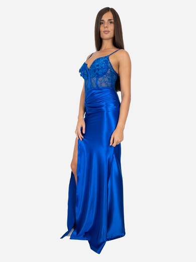 Abito da cerimonia lungo a sirena elegante con corpetto in pizzo e spacco laterale