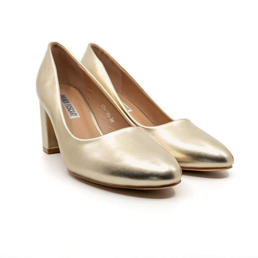 Scarpe Decollete Comode A Punta Tonda E Tacco Largo Color Oro