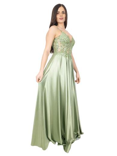 Long formal dress with embellished bodice and slit