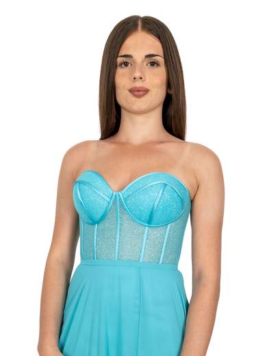 Abito lungo cerimonia elegante con corpetto a corsetto glitterato