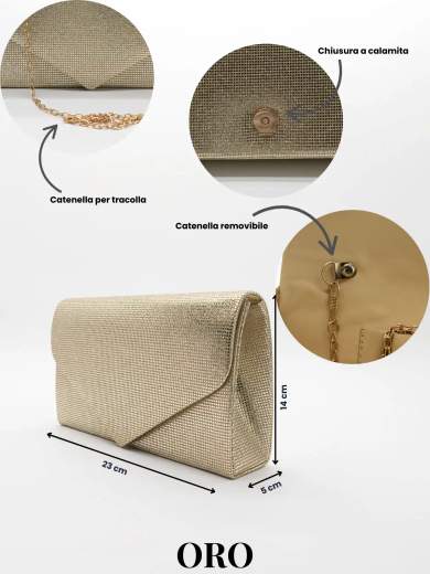 JESSICA Pochette Elegante da Sera Oro con Strass e Tracolla Rimovibile A-2485-ORO