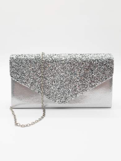 MICHELLE MOON Pochette elegante da cerimonia in raso argento con glitter e tracolla removibile XX3487-ARGENTO