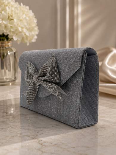 MICHELLE MOON Pochette da Cerimonia Argento Glitterata con Fiocco di Strass HL3499-ARGENTO