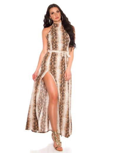 Abito Lungo Animalier con Spacco e Cintura – Scollo All’Americana