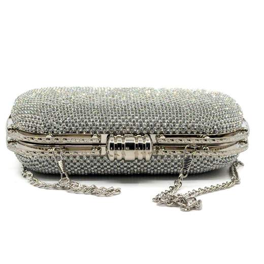 Pochette Argento Da Cerimonia Con Strass Rigida A Mano O Tracolla