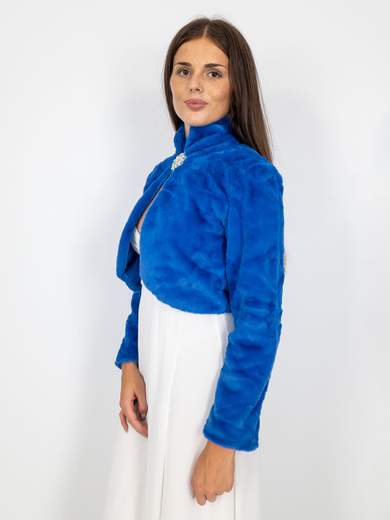 Elegant short faux fur jacket with decorative brooch