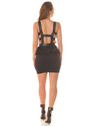 Abito corto sexy con trasparenze e dettagli in ecopelle