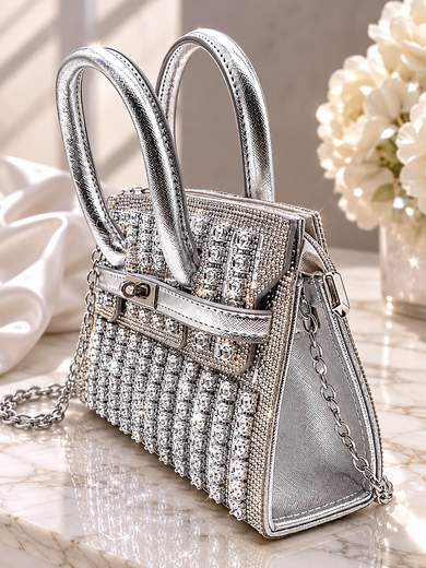 JESSICA Borsa da Sera Argento con Strass, Pietrine e Tracolla Rimovibile p-6013-argento