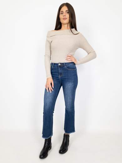 Fringed Cropped Flare Stretch Jeans 3D-1356