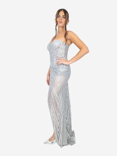 Silver Mermaid Long Dress with Deep Slit and Stole – Code 4473
