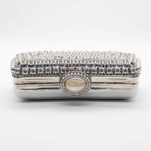 Pochette da cerimonia con strass argento e chiusura gioiello