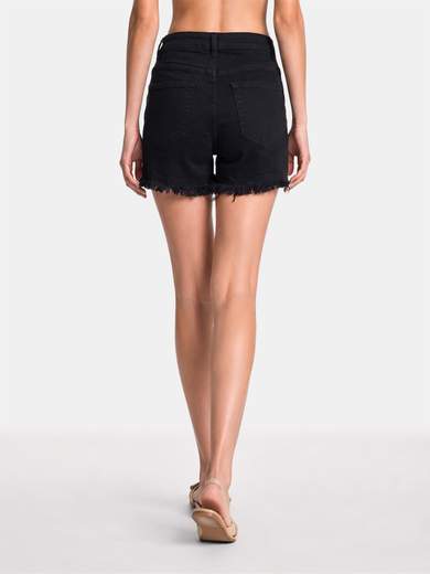 Stretch Denim Shorts with Fringed Hem
