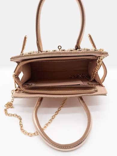 Champagne Evening Bag with Rhinestones and Chain Shoulder Strap