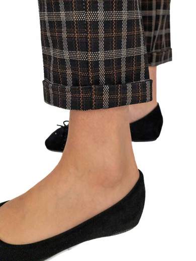 PERLA Pantaloni Scozzesi Donna Vita Alta Con Elastico A Sigaretta