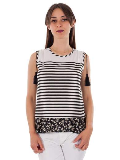 CARMEN Blusa Donna Con Volant A Righe Senza Maniche Estiva
