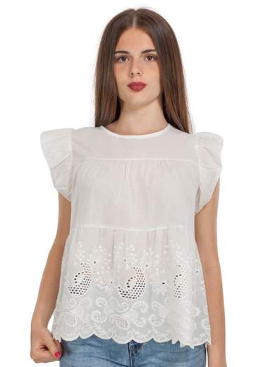 STRABELLO Blusa Donna Manica Corta Estiva In Cotone Con Ricami