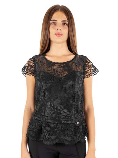KITANA Blusa Donna Pizzo Elegante Da Sera Nero Taglie Comode Smanicata