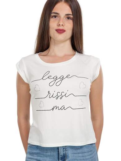 T-shirt Donna Corta in Viscosa con Scritta Manica Corta