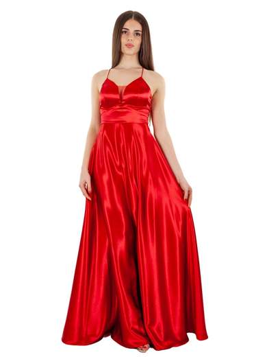 STRABELLO CERIMONIA Abito lungo elegante in raso con scollo a V e spalline incrociate A29499-3953-CINZIA