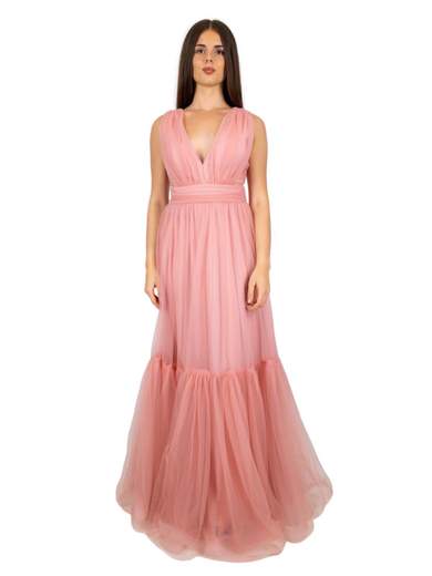 ALLURE Abito lungo da cerimonia donna elegante in tulle rosa con balza e stola A4143
