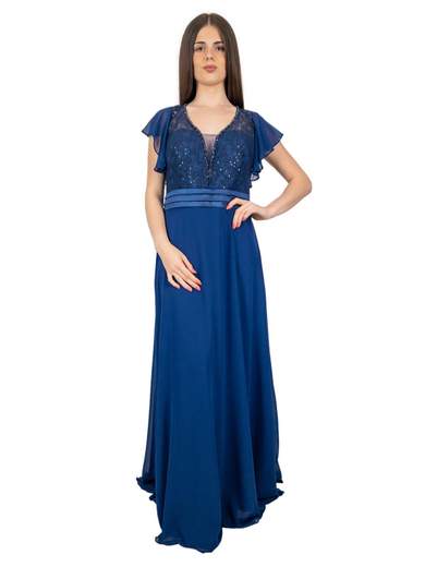 ROMEO GIGLI Abito da Cerimonia Lungo Blu Stile Impero in Chiffon con Pizzo e Strass 3123