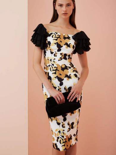 Abito Da Sera Corto Donna A Fiori Con Manica Sbuffo