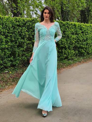 STRABELLO CERIMONIA Abito Lungo Cerimonia Maniche Lunghe Donna Elegante In Chiffon