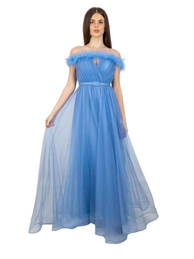 BIANCA BRANDI Abito lungo da cerimonia stile impero in tulle con piume e cintura 28538