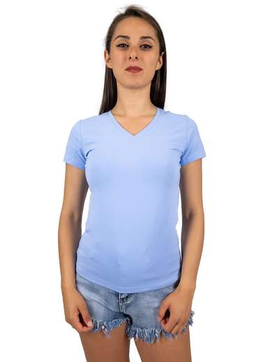 Maglietta Donna Manica Corta Scollo V Elasticizzata - T-Shirt Casual Estiva In Maglia Leggera - Tinta Unita