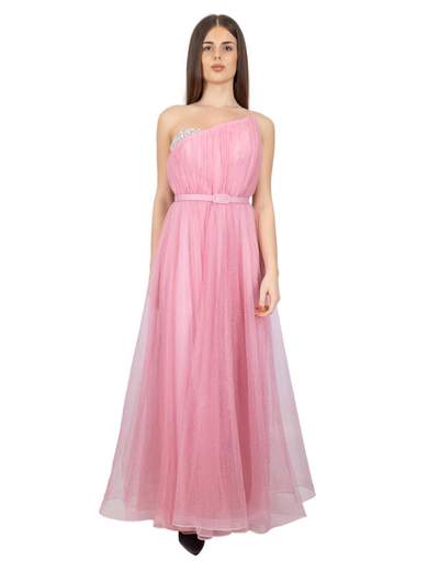 BIANCA BRANDI Vestito Da Cerimonia Lungo In Tulle Glitterato Con Spacco