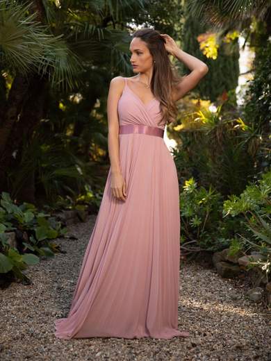 STRABELLO CERIMONIA Abito lungo da cerimonia stile impero in georgette plissettata con fascia in raso A29699-4263-CARMEN