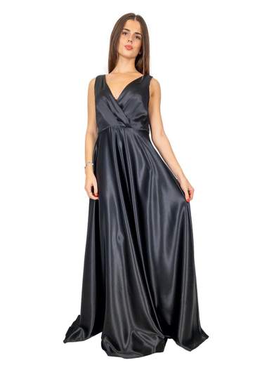STRABELLO CERIMONIA Vestito Nero Lungo Da Sera In Raso Elegante Taglie Forti