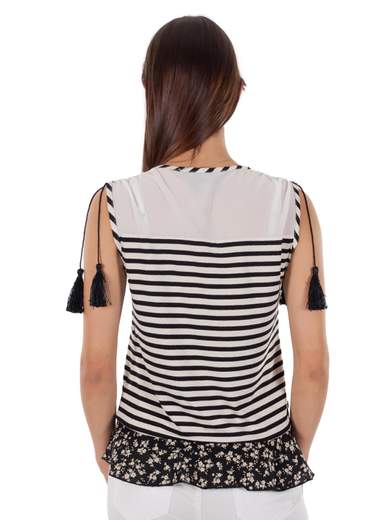 CARMEN Blusa Donna Con Volant A Righe Senza Maniche Estiva