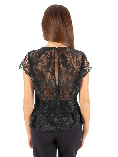 KITANA Blusa Donna Pizzo Elegante Da Sera Nero Taglie Comode Smanicata
