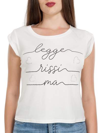 T-shirt Donna Corta in Viscosa con Scritta Manica Corta