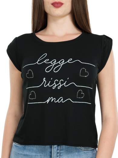T-shirt Donna Corta in Viscosa con Scritta Manica Corta