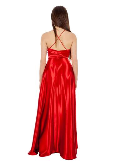 STRABELLO CERIMONIA Abito lungo elegante in raso con scollo a V e spalline incrociate A29499-3953-CINZIA