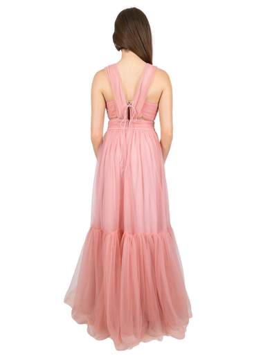 ALLURE Abito lungo da cerimonia donna elegante in tulle rosa con balza e stola A4143