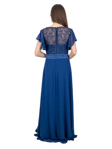 ROMEO GIGLI Abito da Cerimonia Lungo Blu Stile Impero in Chiffon con Pizzo e Strass 3123