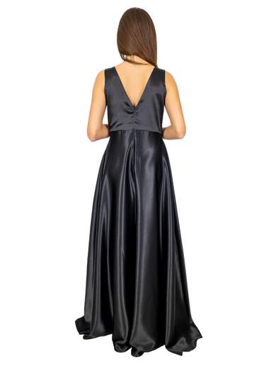 STRABELLO CERIMONIA Vestito Nero Lungo Da Sera In Raso Elegante Taglie Forti