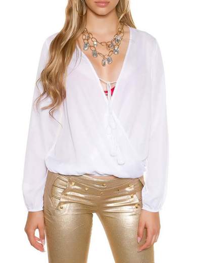 KOUCLA Camicetta Elegante Maniche Lunghe Scollo a V con Laccio 0000T9418