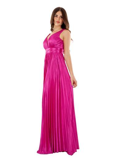 Abito lungo da cerimonia plissettato stile impero con scollo a V in raso fucsia