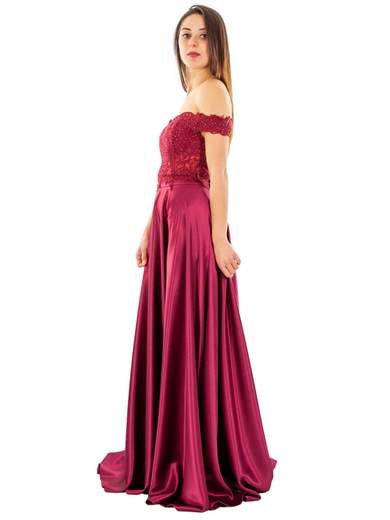 Vestito da cerimonia con gonna lunga in raso e top in pizzo