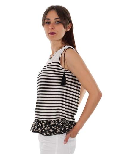 CARMEN Blusa Donna Con Volant A Righe Senza Maniche Estiva