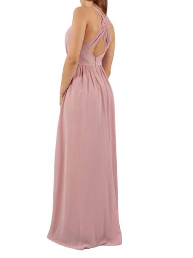 Long evening dress with V-neckline and rhinestone details