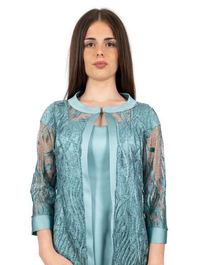 Abito da cerimonia corto in raso per signora con spolverino