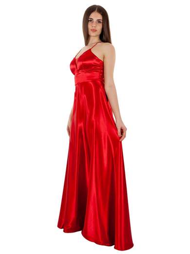 STRABELLO CERIMONIA Abito lungo elegante in raso con scollo a V e spalline incrociate A29499-3953-CINZIA