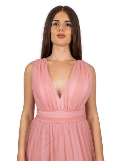 Abito lungo elegante da cerimonia in tulle con scollatura profonda