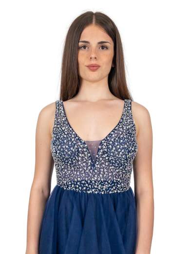 Abito da cerimonia lungo in tulle asimmetrico corpetto con strass