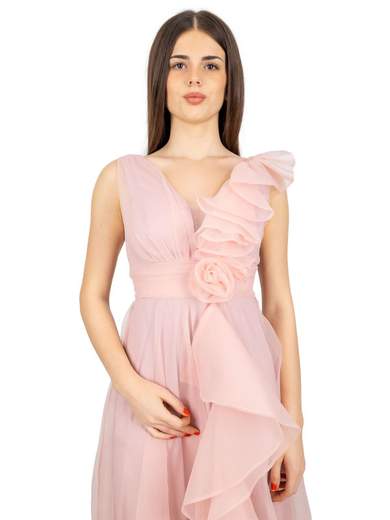 Long Organza Evening Dress with Ruffles and Slit